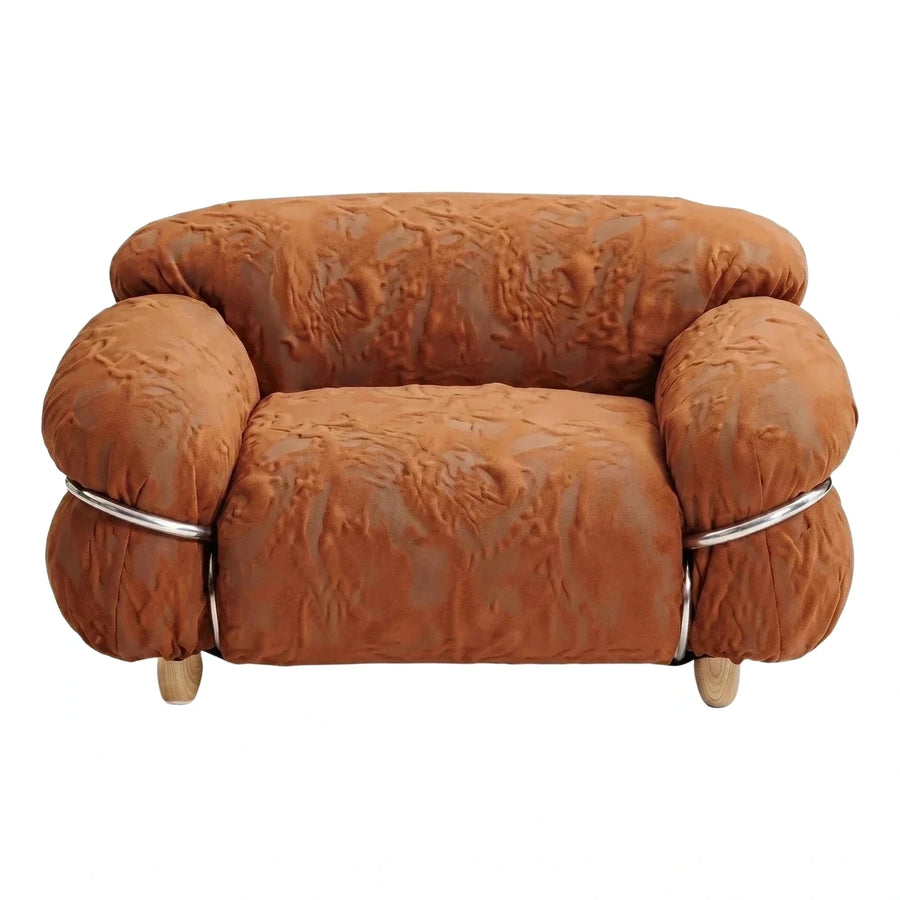 Rust Textured Velvet Armchair with Chrome Ring Detail