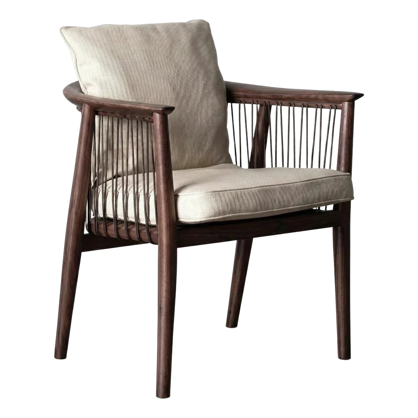 Dark Wood Armchair with Cord Back and Beige Cushions