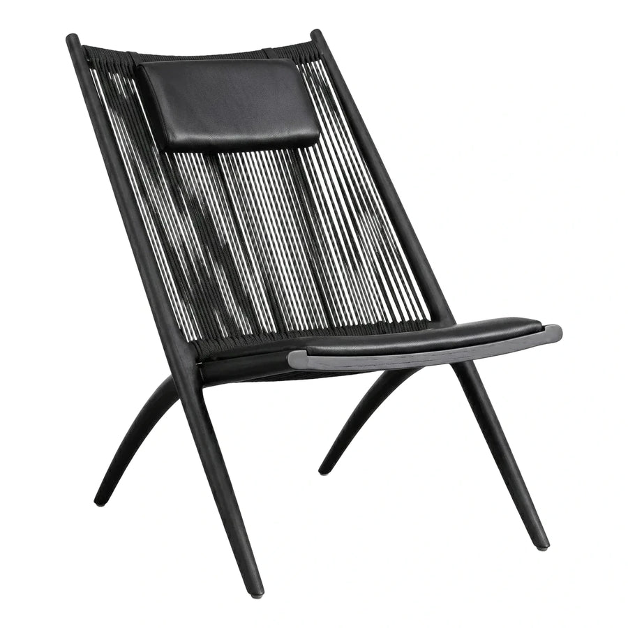 Modern Black Wood Lounge Chair with Leather Cushions