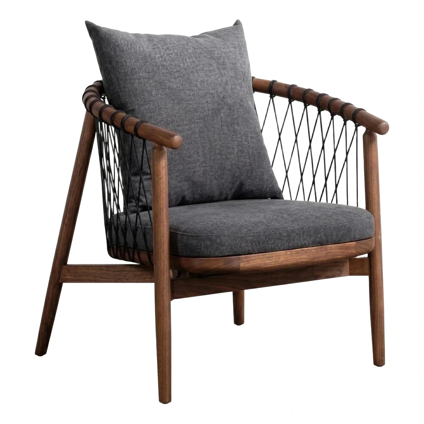 Modern Grey Fabric Wooden Rope Webbing Armchair