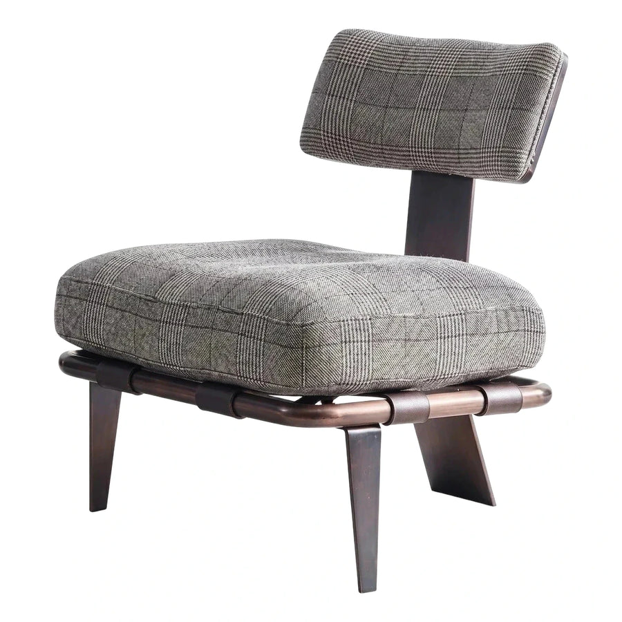 Grey Plaid Upholstered Low Lounge Chair with Wood Frame