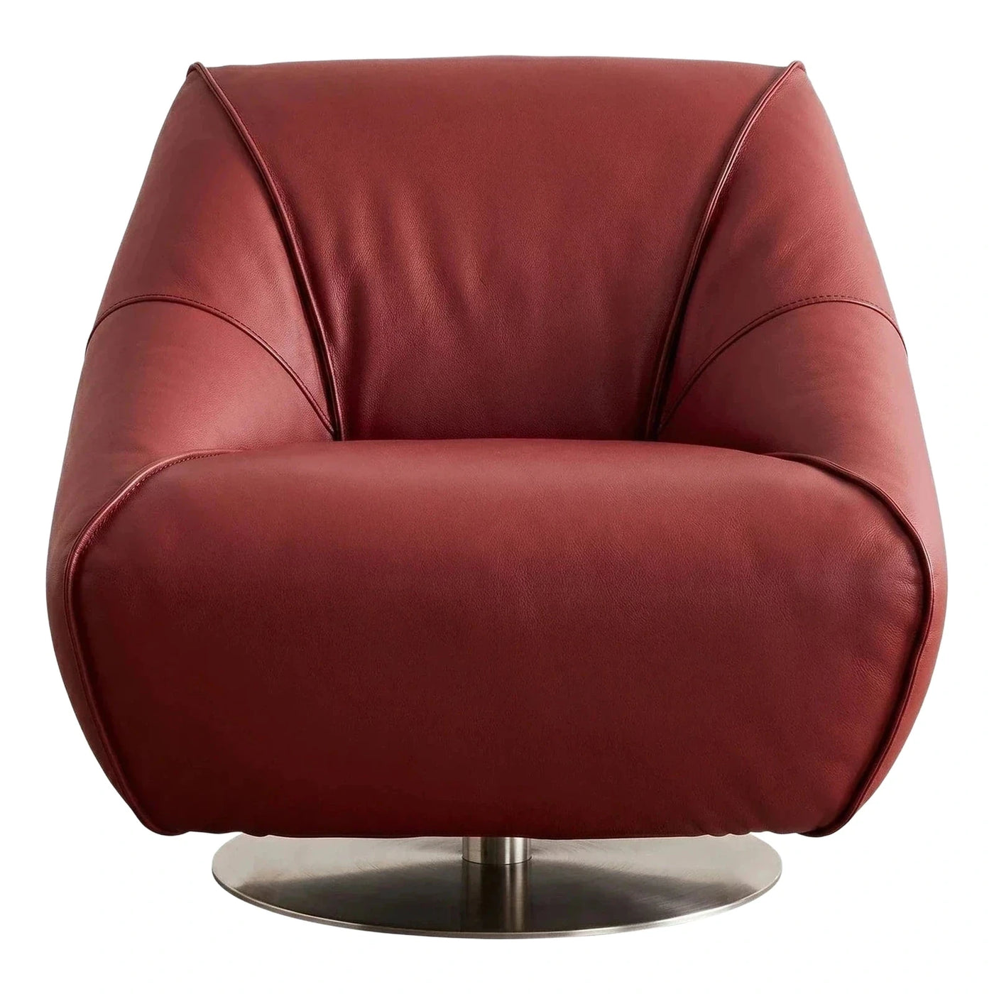 Modern Red Leather Swivel Armchair with Metal Base