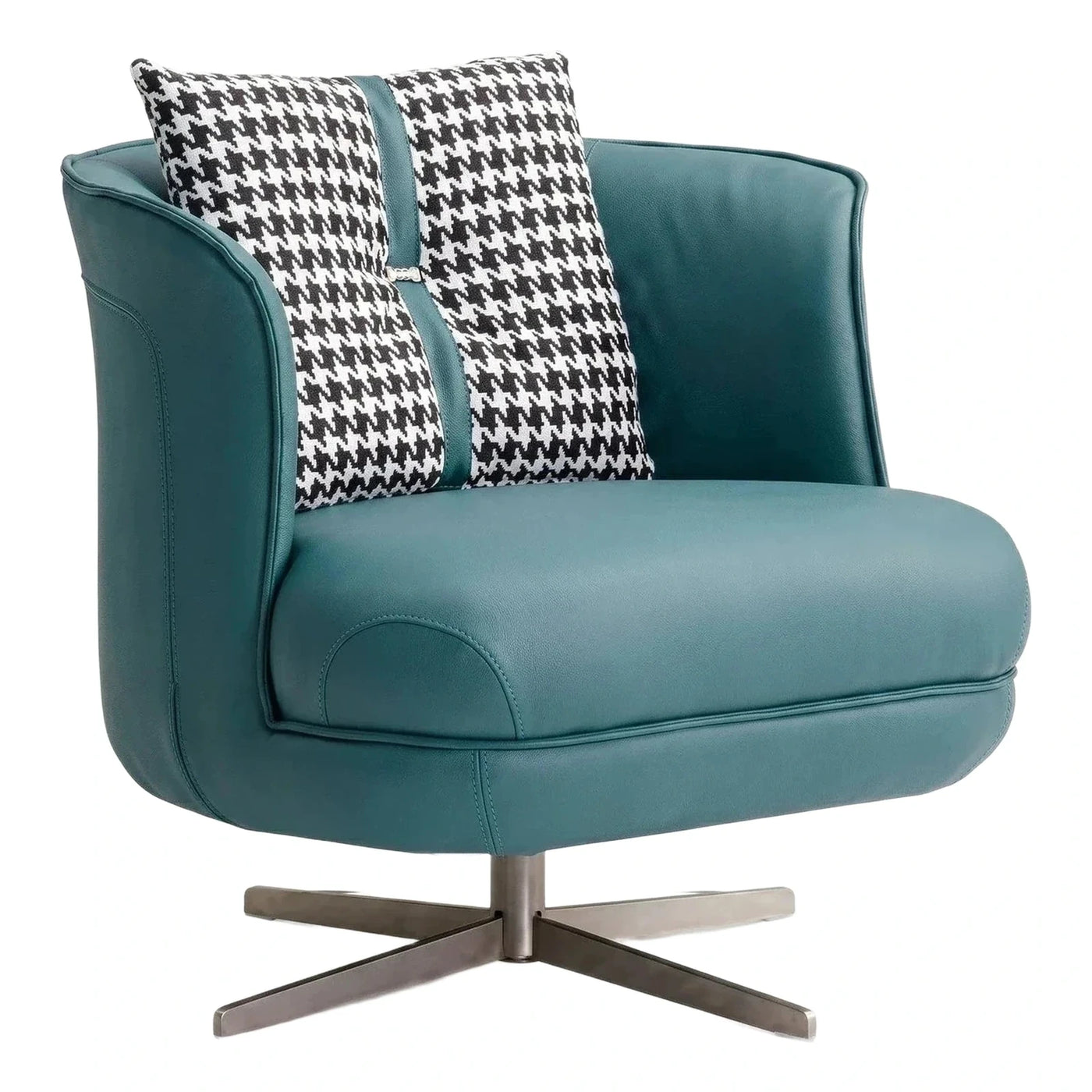 Teal Leather Swivel Armchair with Houndstooth Pillow