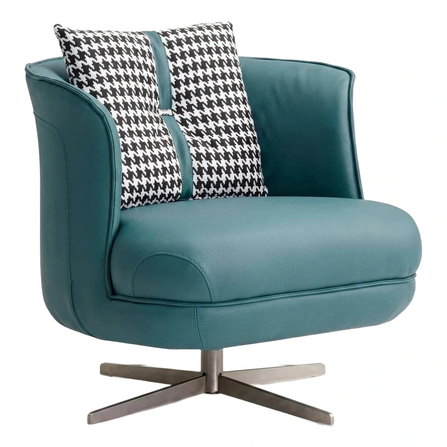 Teal Leather Swivel Armchair with Houndstooth Pillow