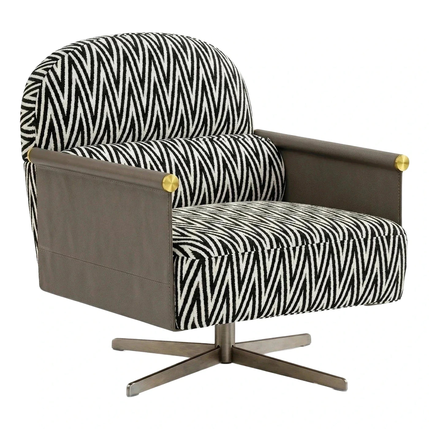Modern Zebra Pattern Swivel Armchair with Leather Arms