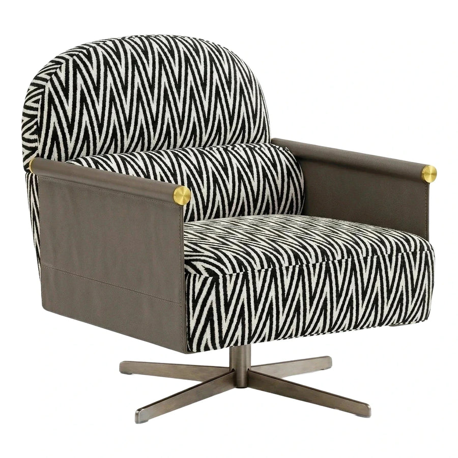 Modern Zebra Pattern Swivel Armchair with Leather Arms