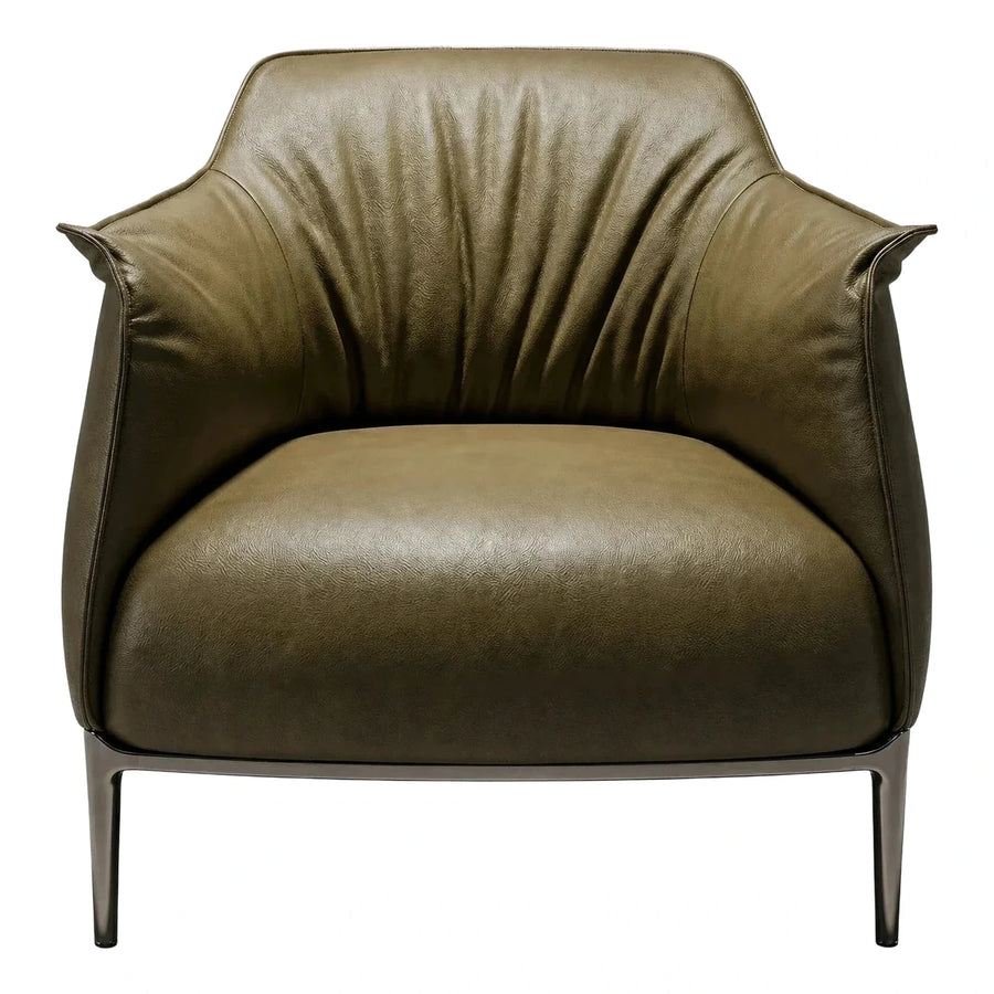 Modern Olive Green Leather Armchair with Metal Legs