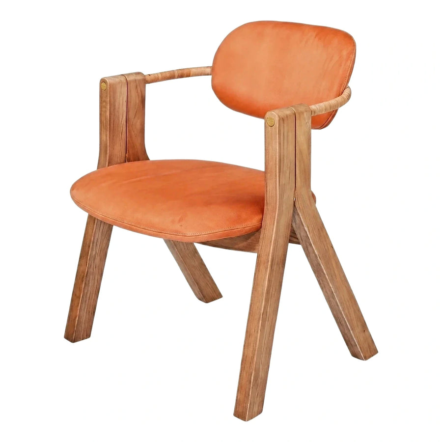 Tan Leather Armchair with Natural Wood Frame