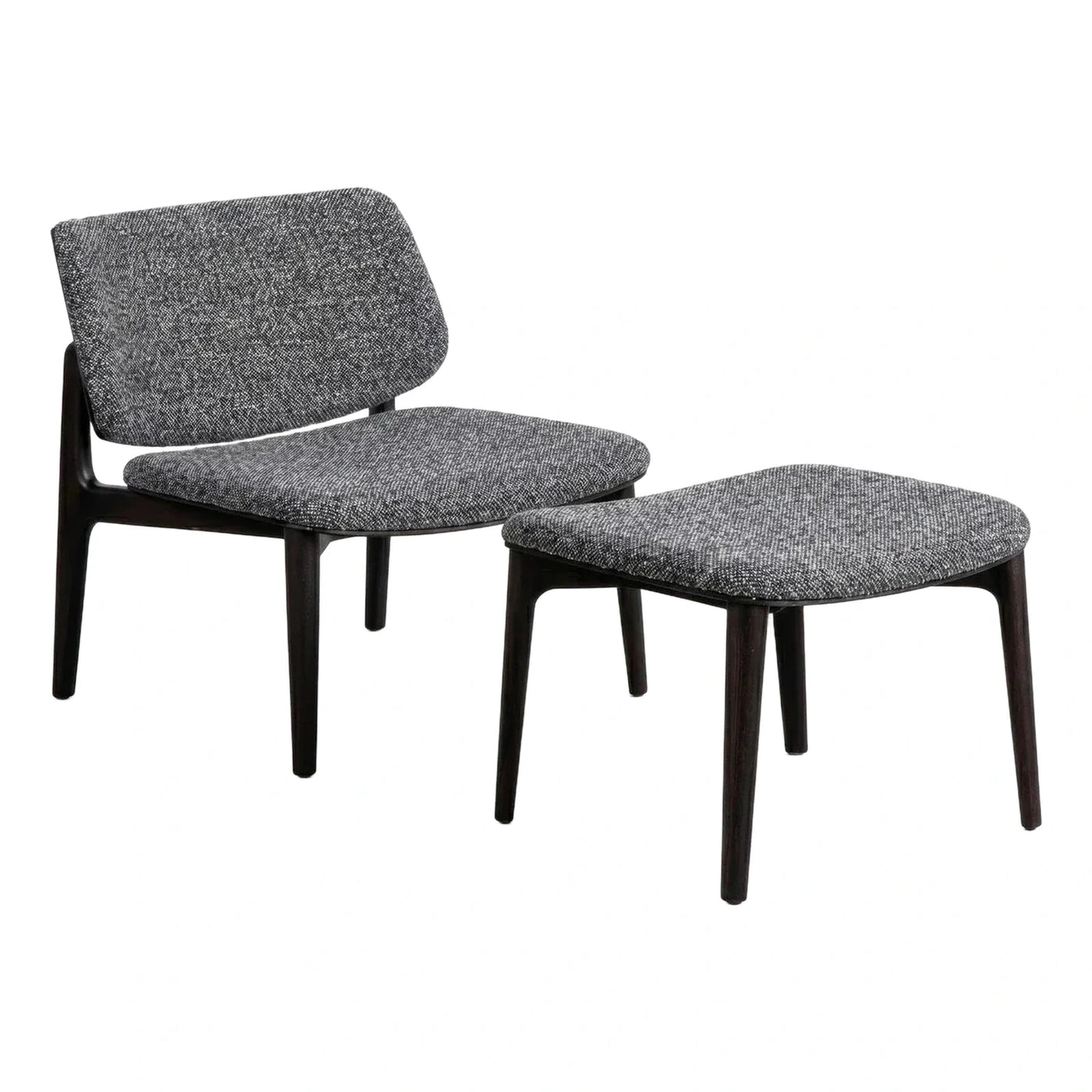 Grey Textured Fabric Lounge Chair and Ottoman with Dark Wood Frame