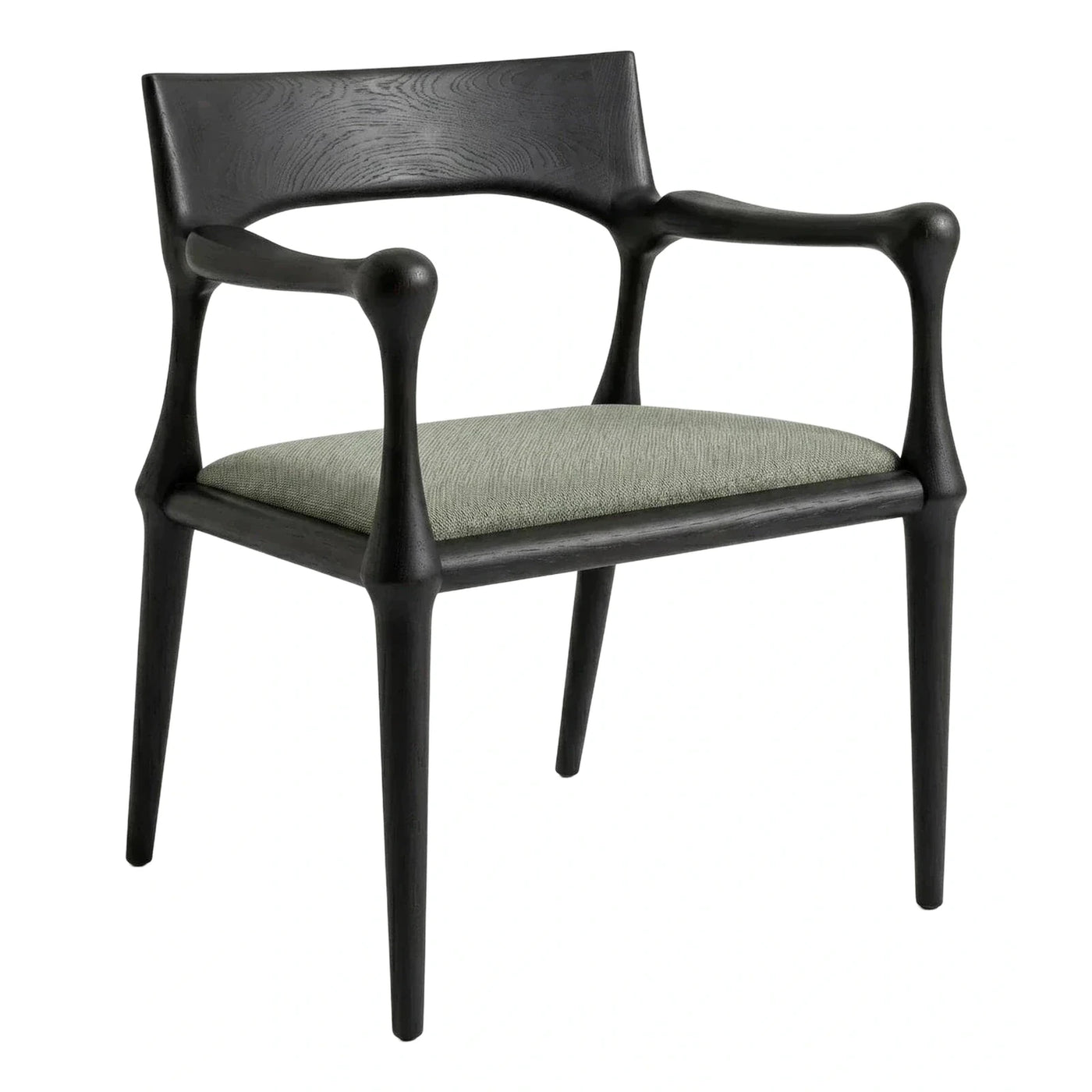 Sculptural Dark Wood Armchair with Green Fabric Seat