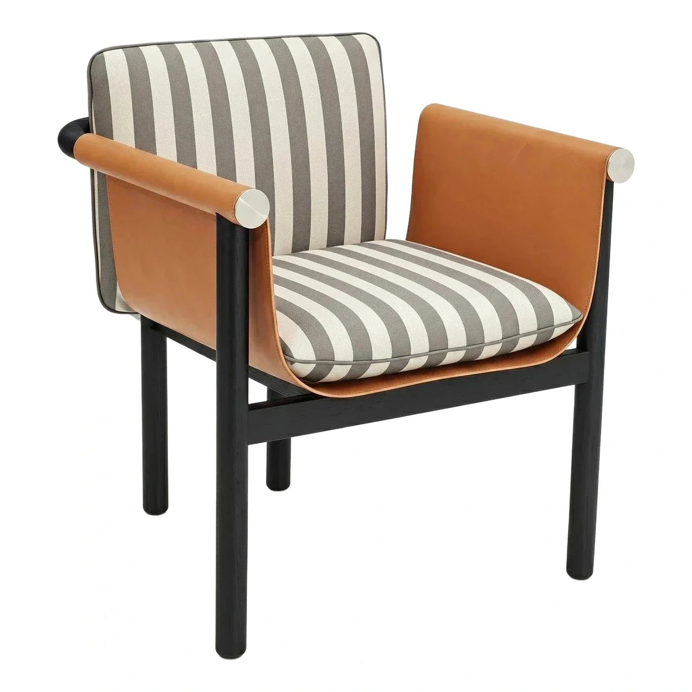 Modern Striped Lounge Chair with Tan Leather Arms