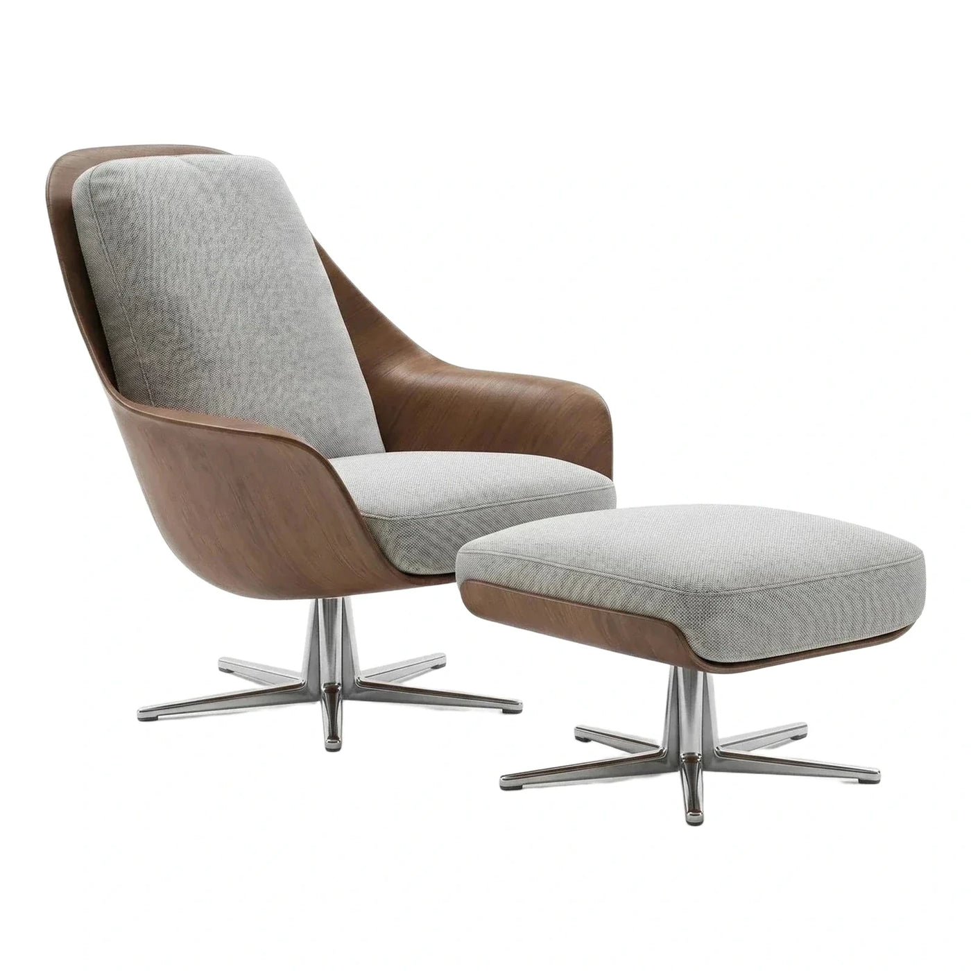 Curved Wood Shell Swivel Lounge Chair and Ottoman
