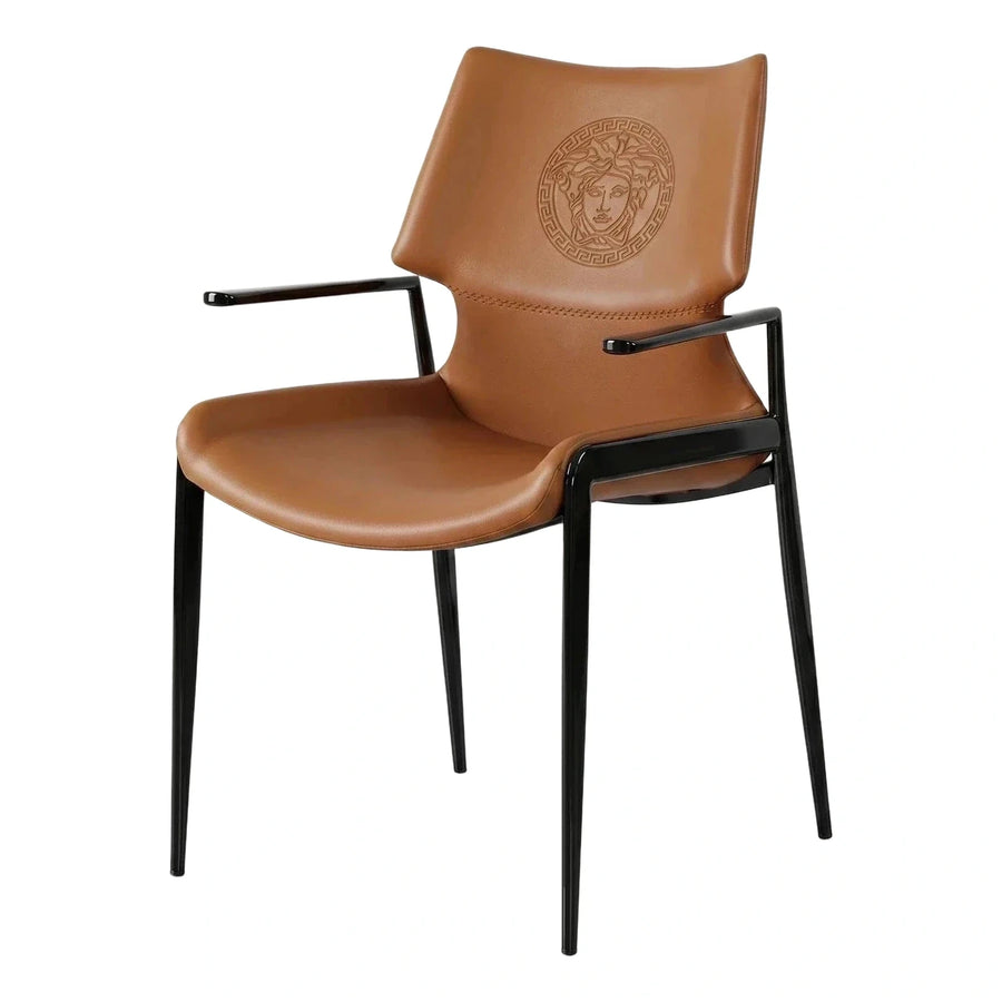 Modern Tan Leather Dining Chair with Black Metal Frame