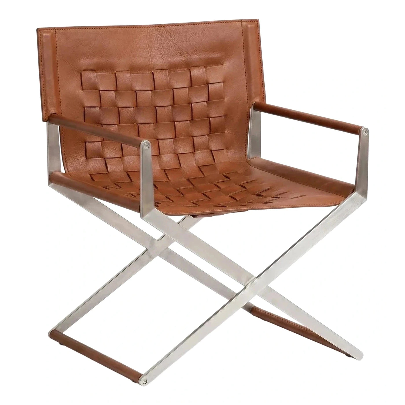 Modern Brown Woven Leather Lounge Chair with Metal Frame