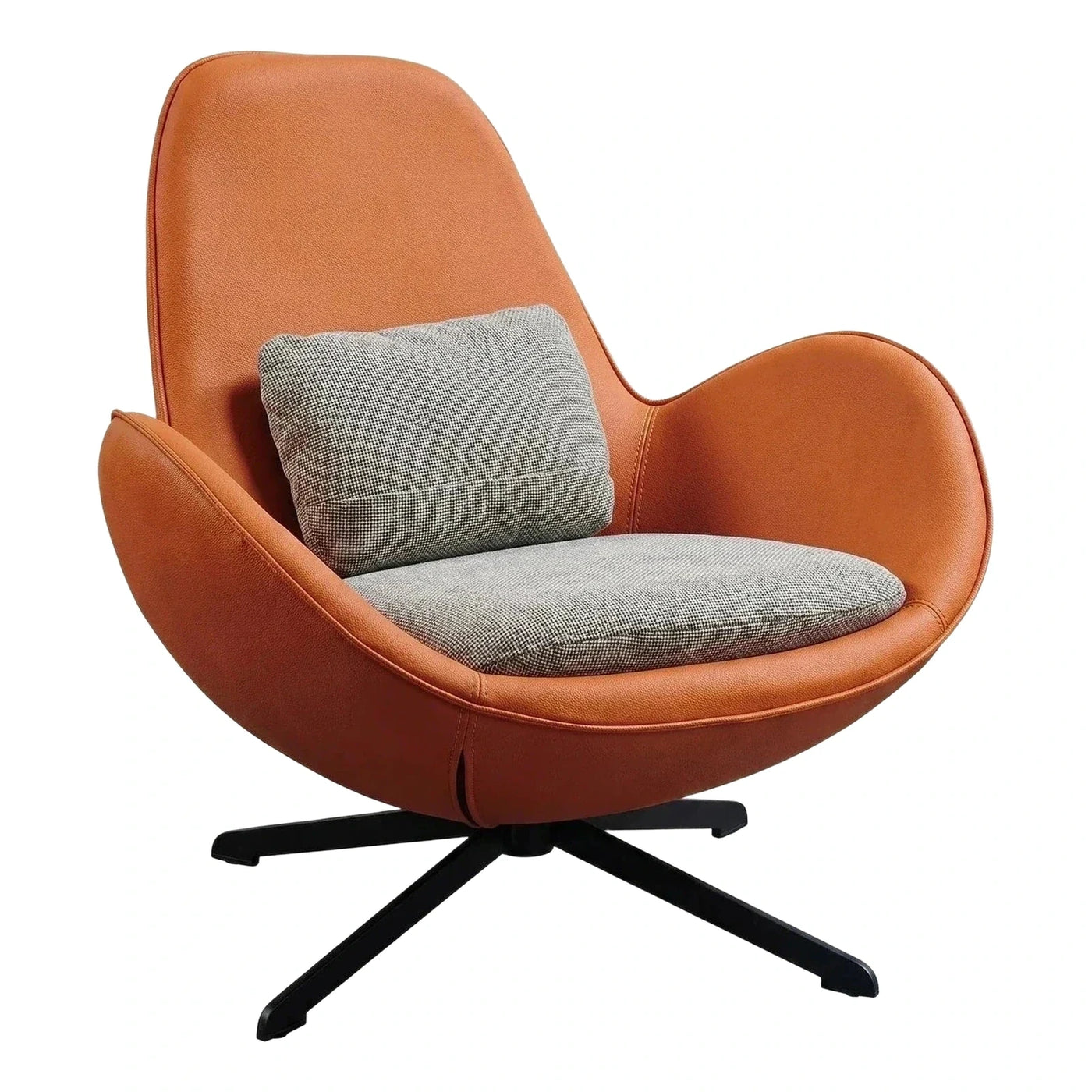 Modern Cognac Leather Swivel Lounge Chair with Grey Cushion