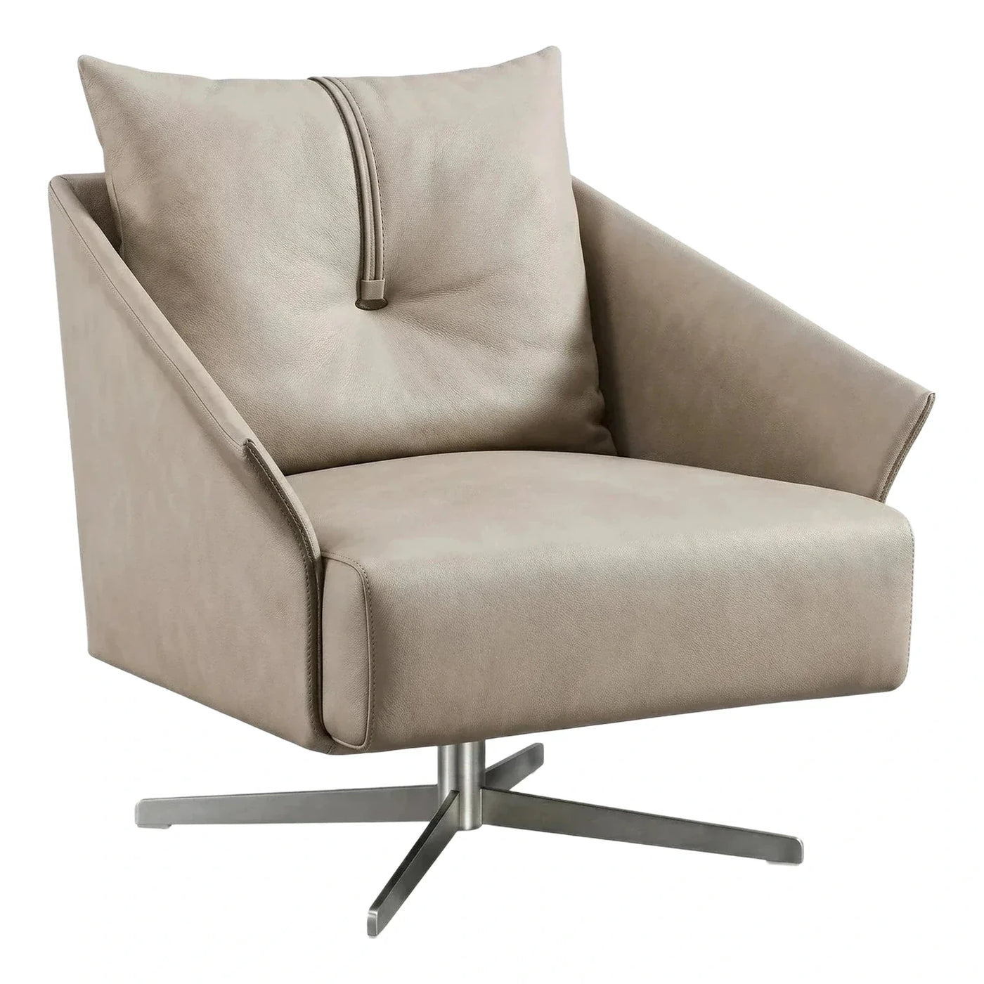 Modern Beige Leather Swivel Armchair with Metal Base
