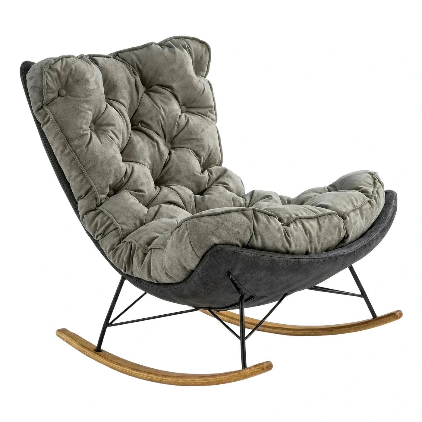 Grey Tufted Rocking Lounge Chair with Wood Base