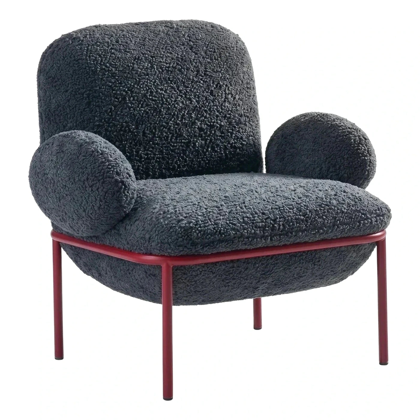 Modern Grey Boucle Armchair with Red Metal Frame