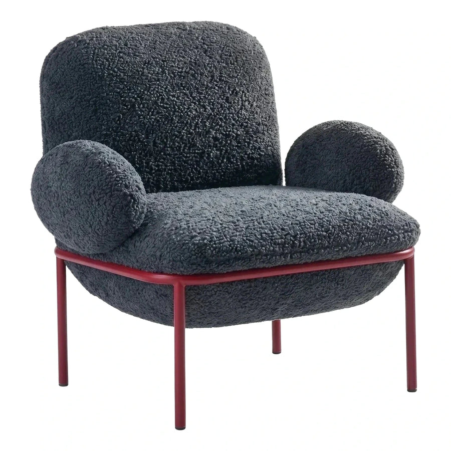 Modern Grey Boucle Armchair with Red Metal Frame
