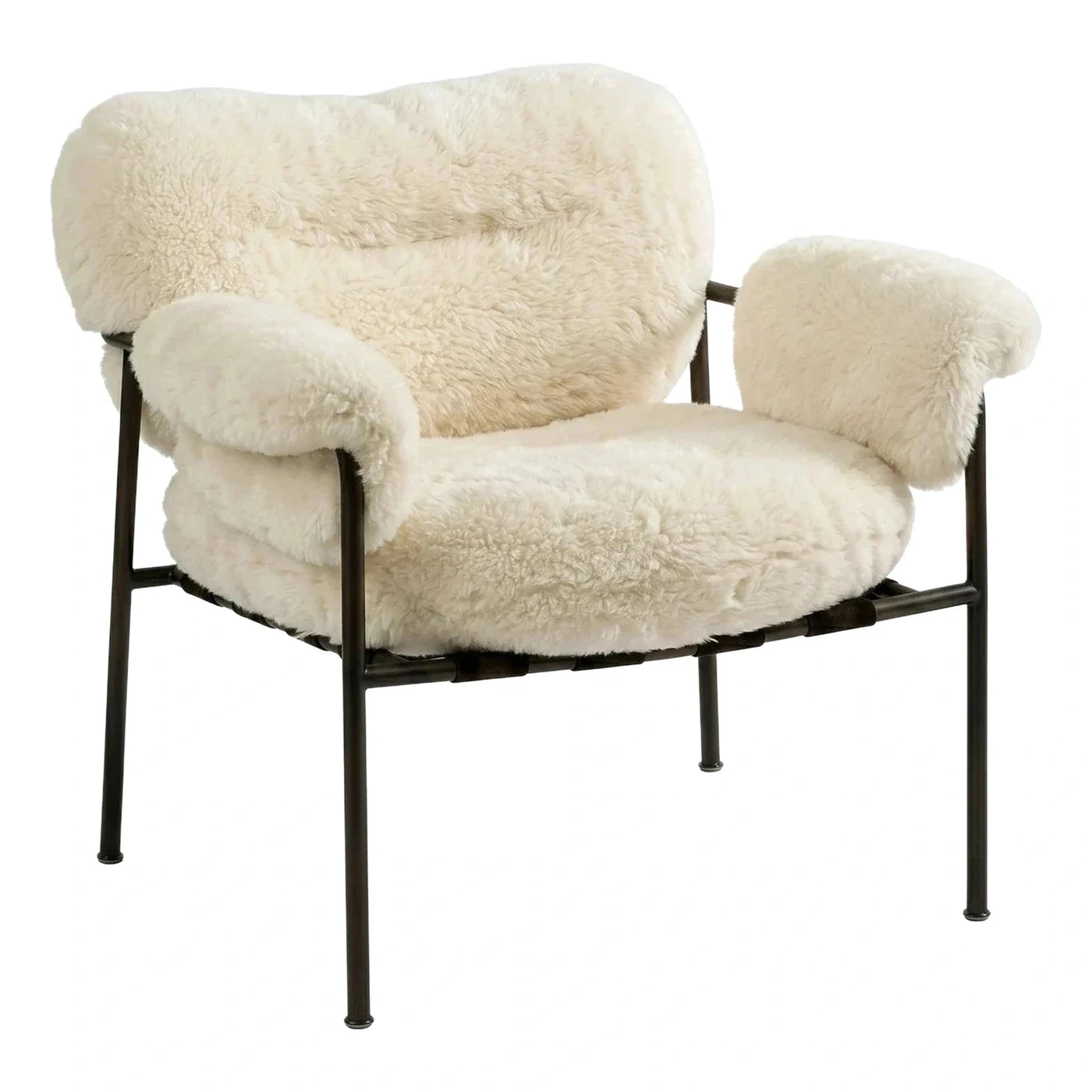 Cream Sheepskin Lounge Chair with Black Metal Frame