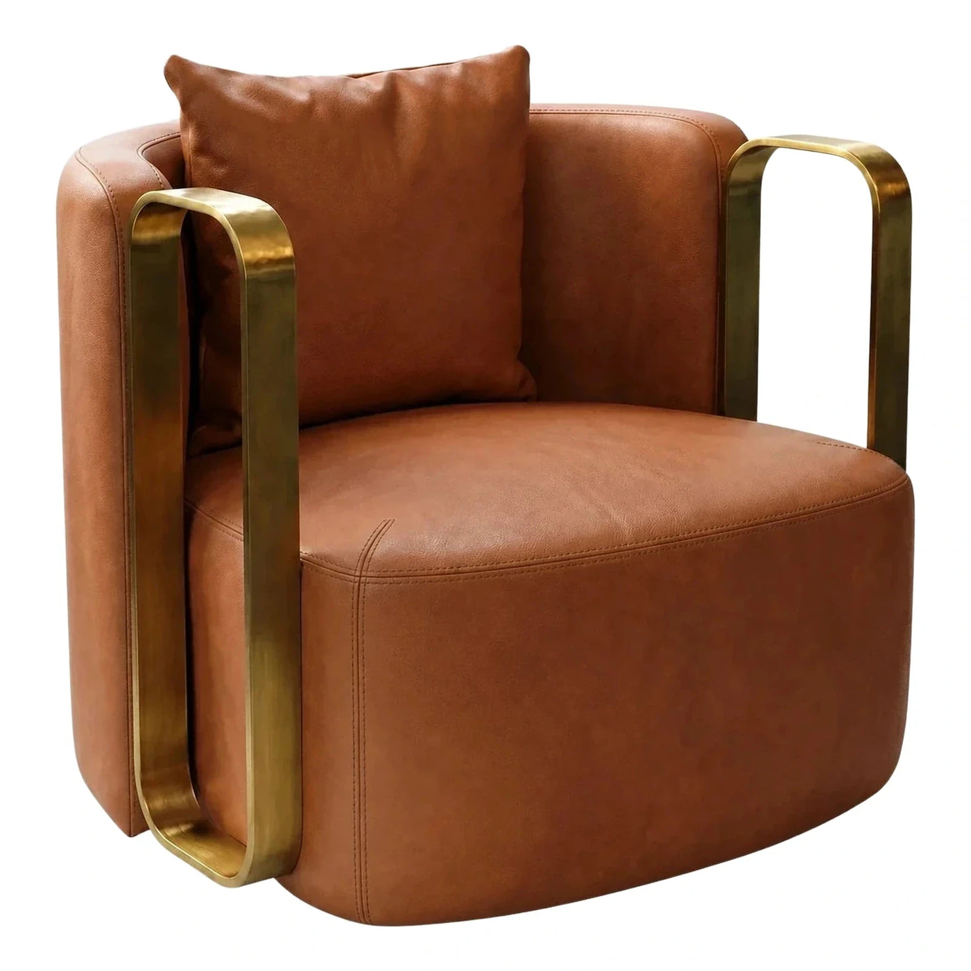 Modern Cognac Leather Armchair with Gold Metal Frame