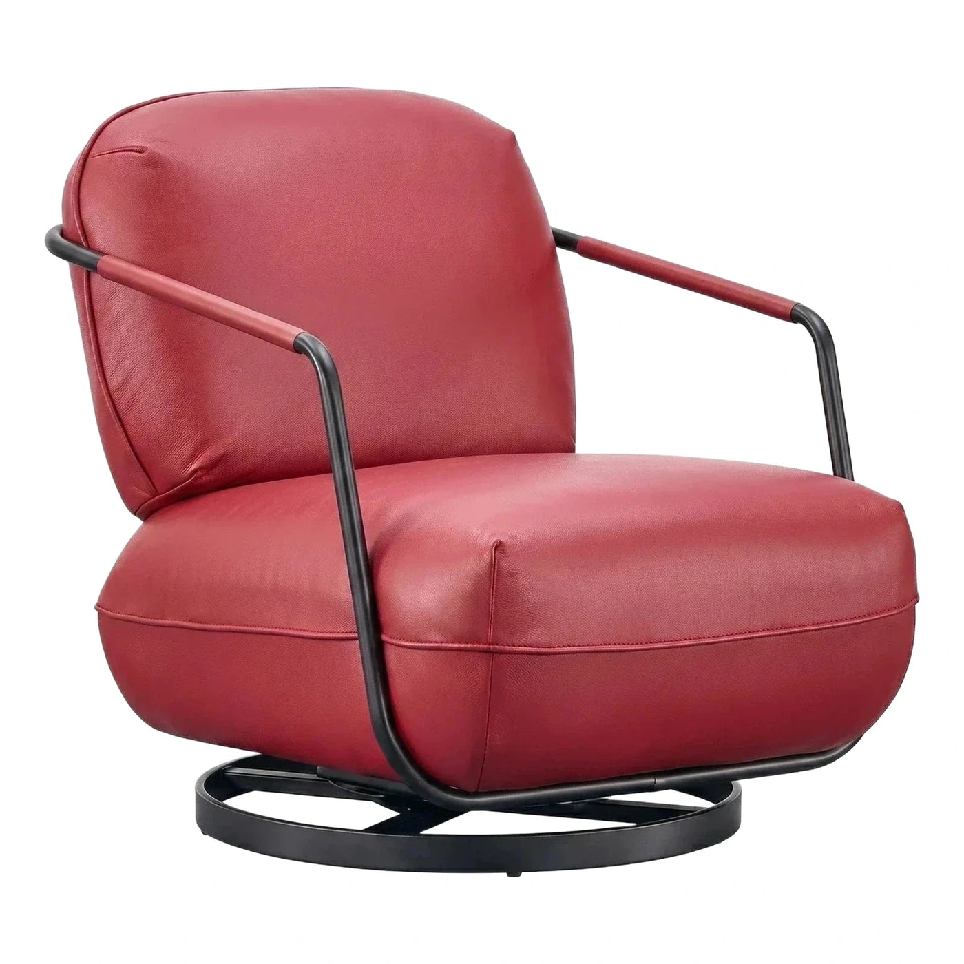 Modern Red Leather Swivel Armchair with Black Frame