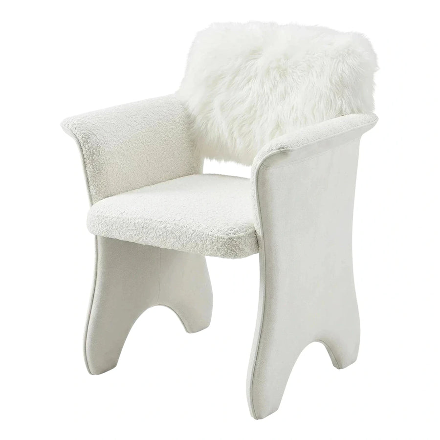 White Bouclé Accent Armchair with Faux Fur Pillow
