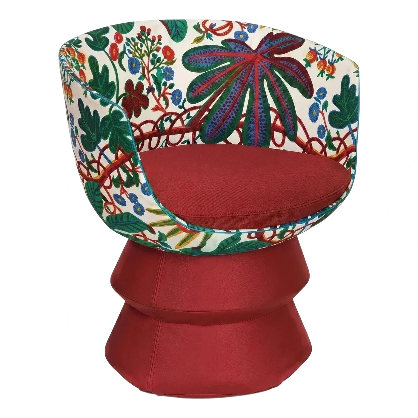 Botanical Print Tub Chair with Red Pedestal Base