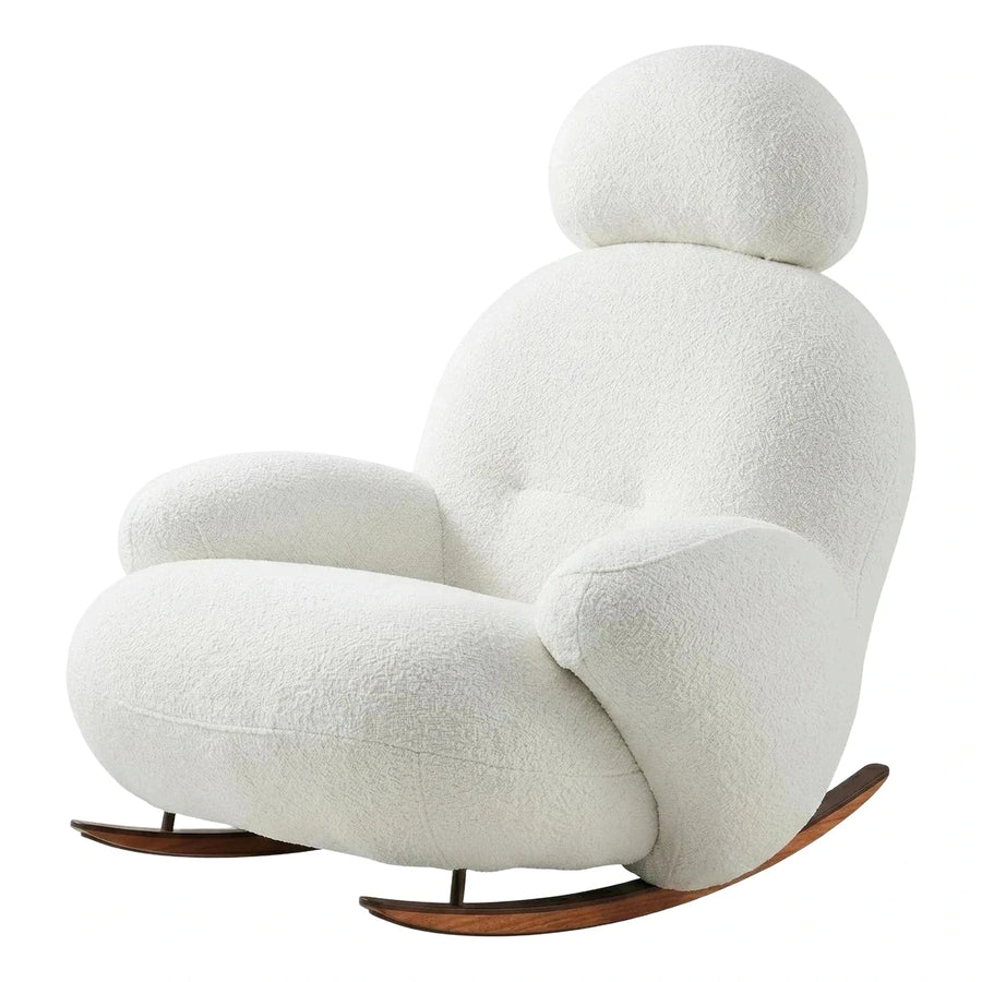 White Boucle Rocking Chair with Wooden Base