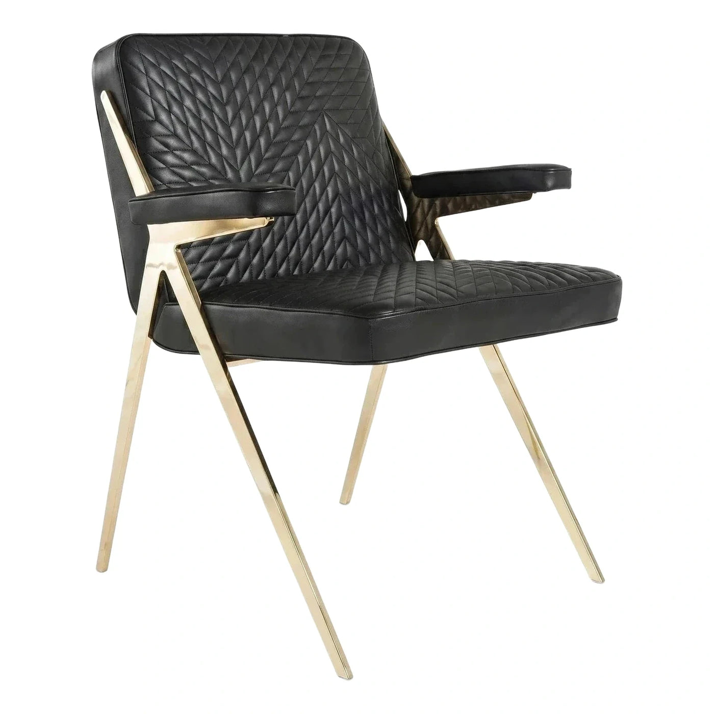 Black Quilted Leather Armchair with Gold Metal Legs