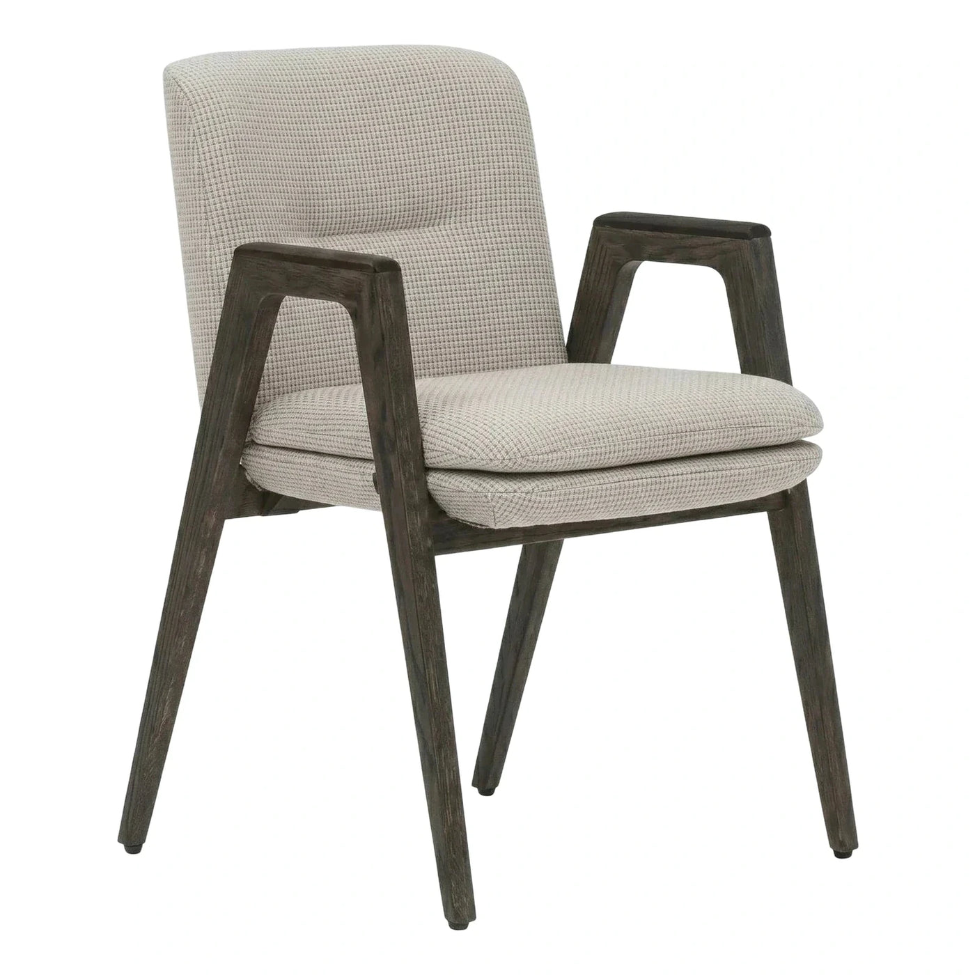 Modern Beige Textured Fabric Armchair with Dark Wood Frame