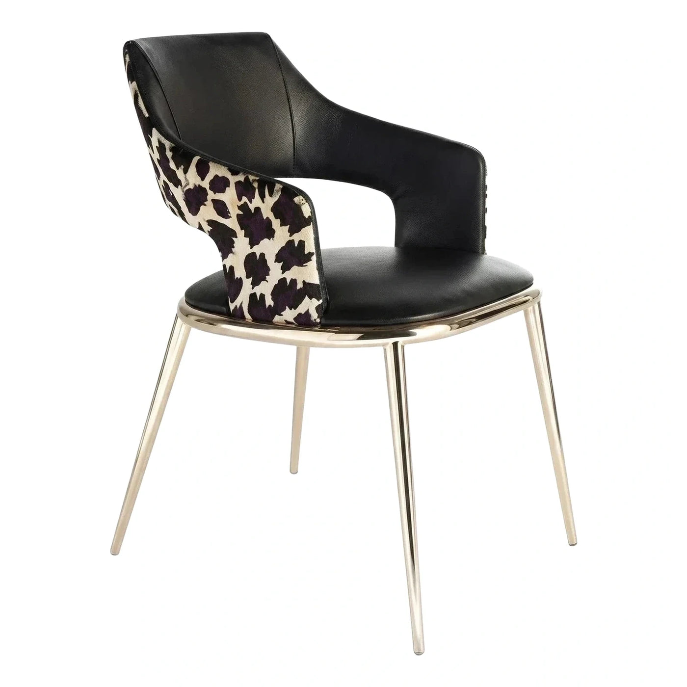 Black Leather and Animal Print Gold Metal Armchair