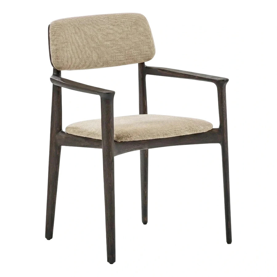 Dark Wood Armchair with Beige Textured Fabric