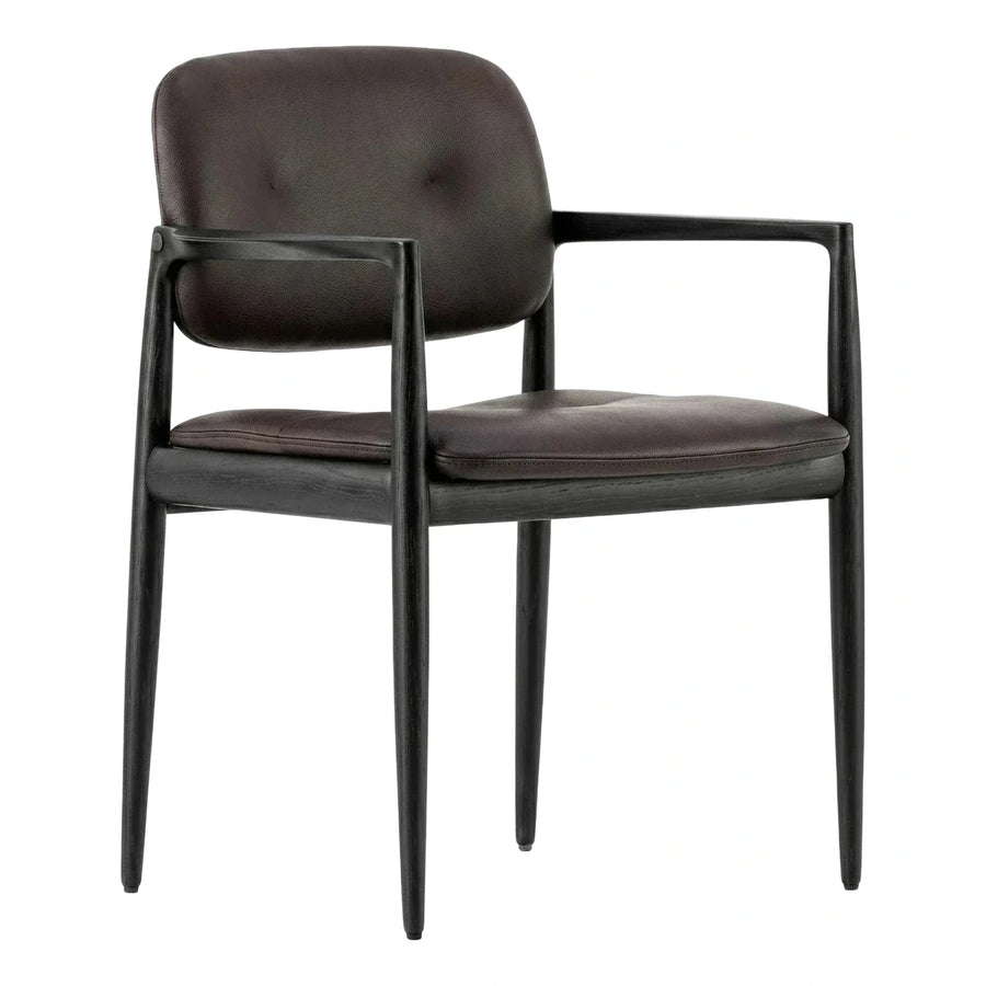 Modern Dark Brown Leather Armchair with Black Wood Frame