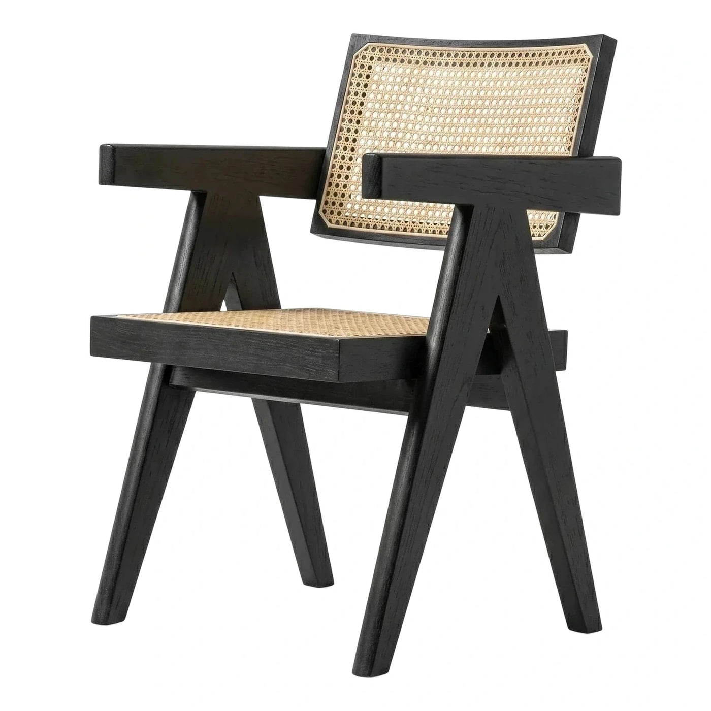 Black Wood Armchair with Natural Cane Webbing