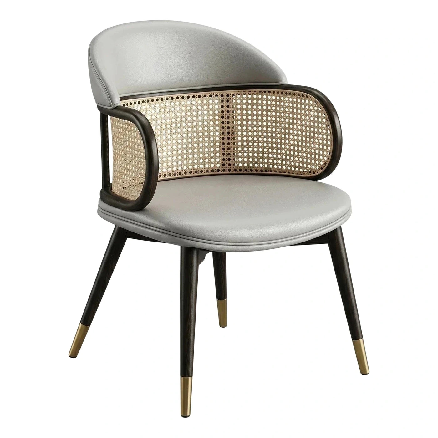 Modern Grey Leather and Rattan Armchair