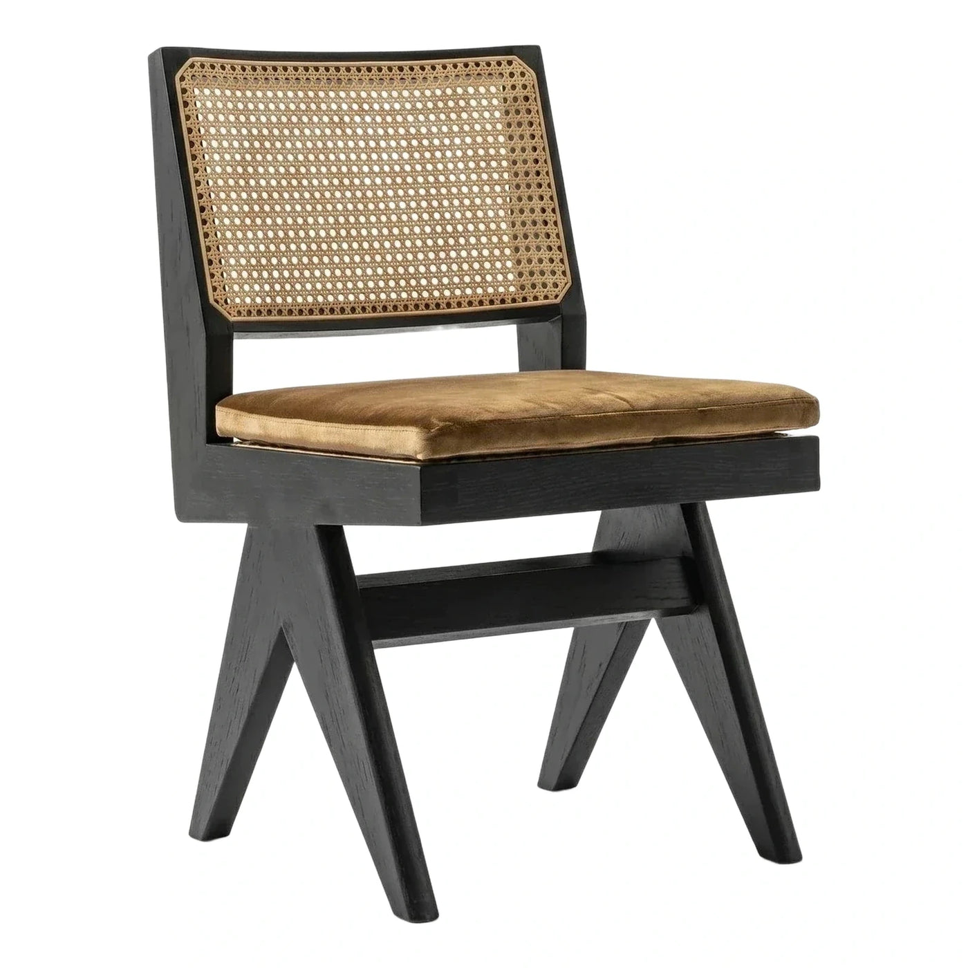 Black Wood Chair with Cane Back and Velvet Seat