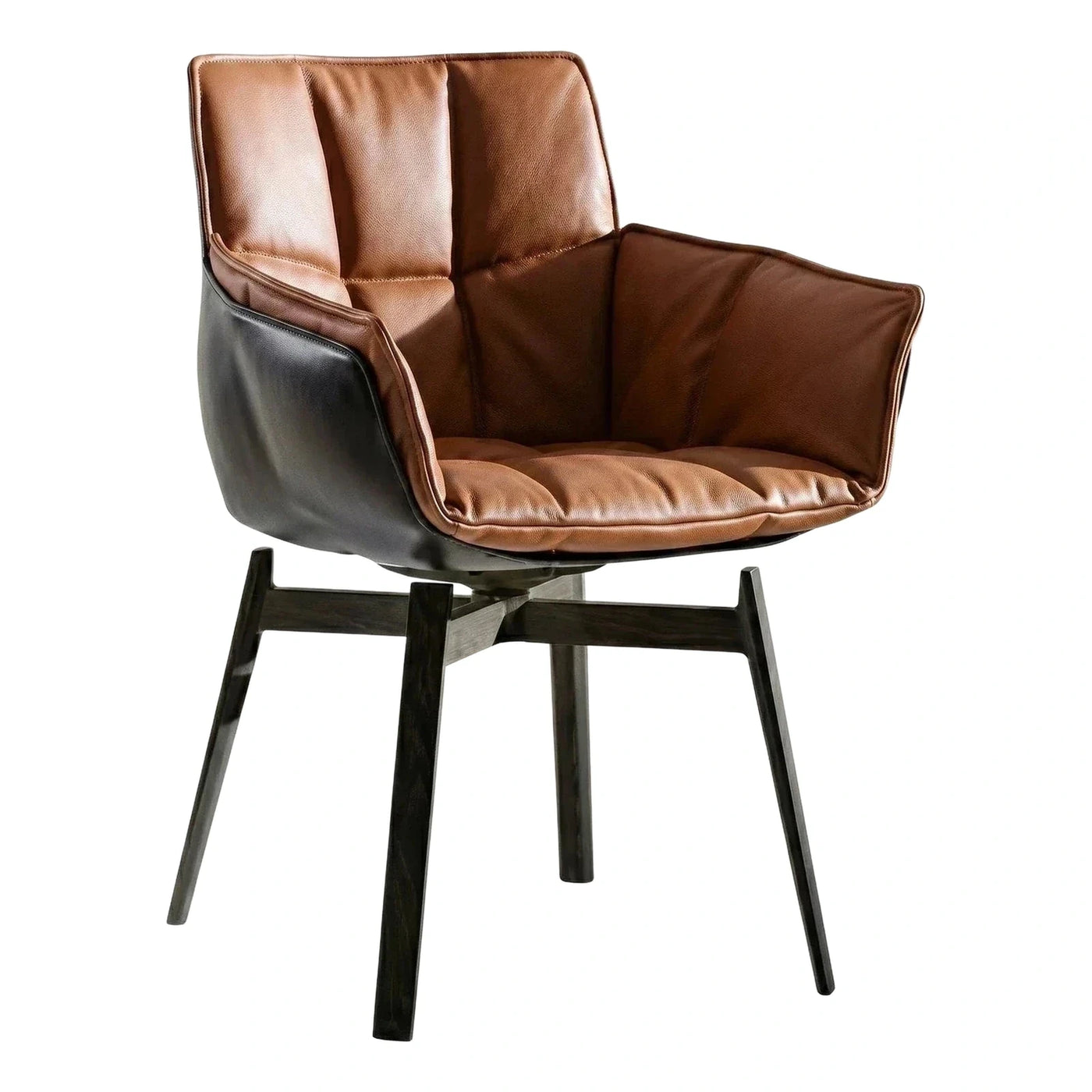 Modern Two-Tone Leather Swivel Armchair with Wood Legs