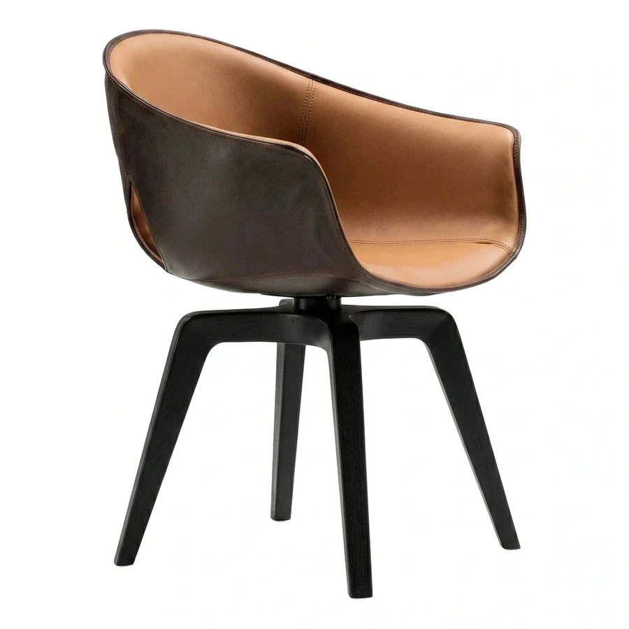 Modern Two-Tone Leather Swivel Armchair with Wood Base