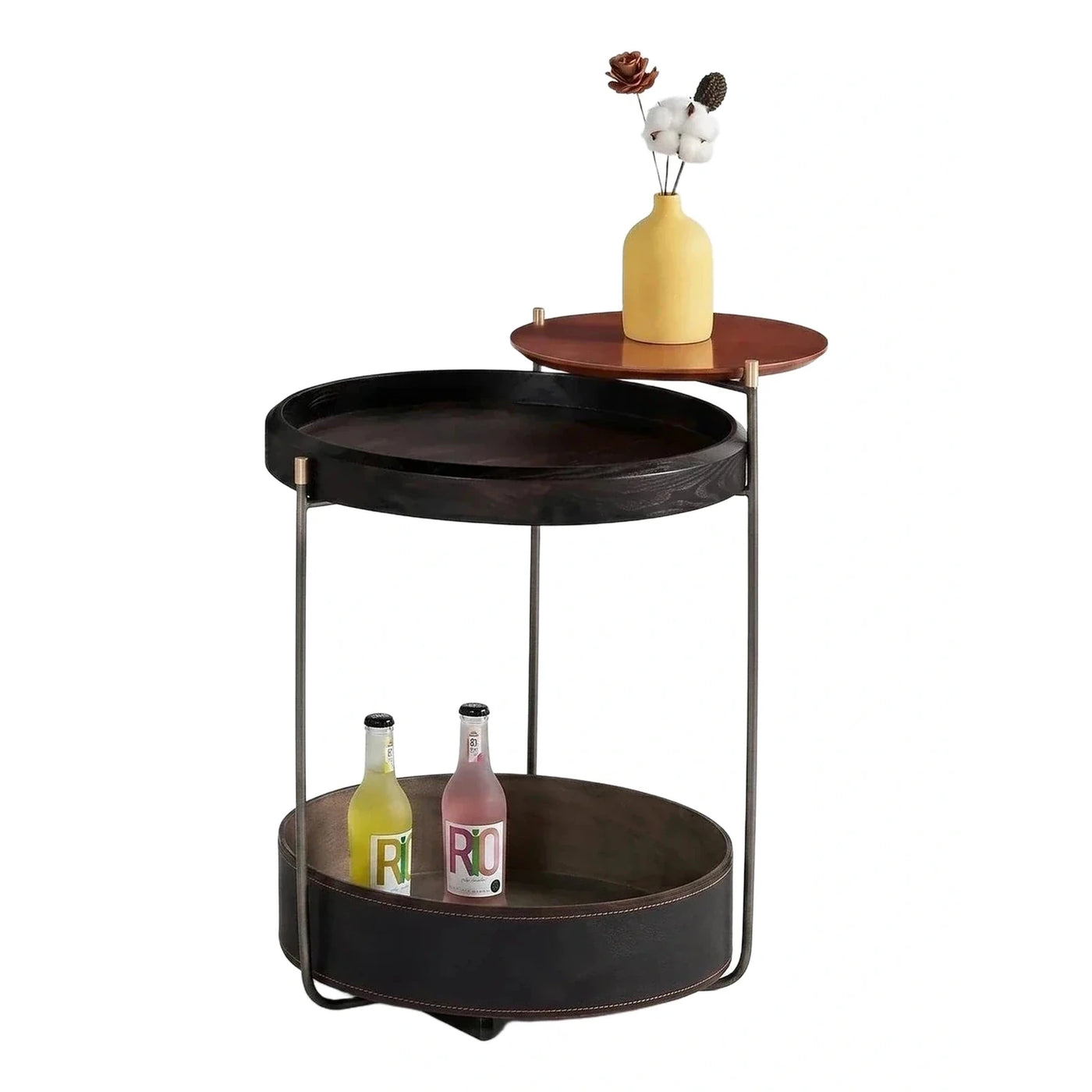 Modern Three-Tier Round Side Table Wood Metal Leather