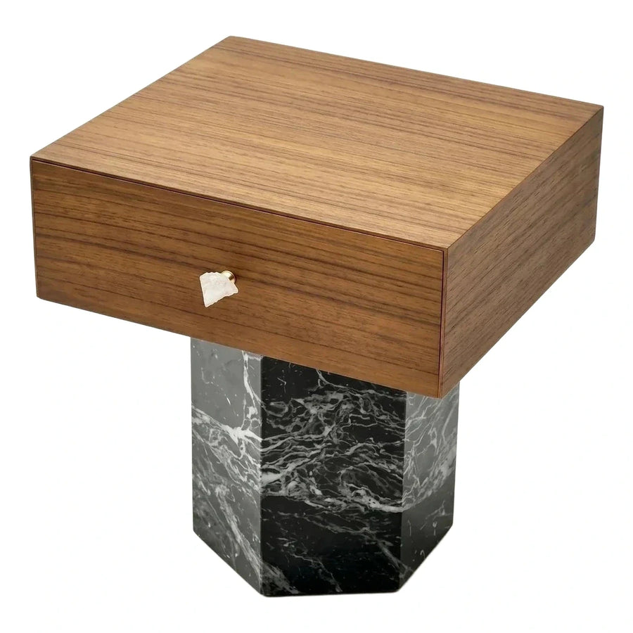Modern Walnut Side Table with Black Marble Base