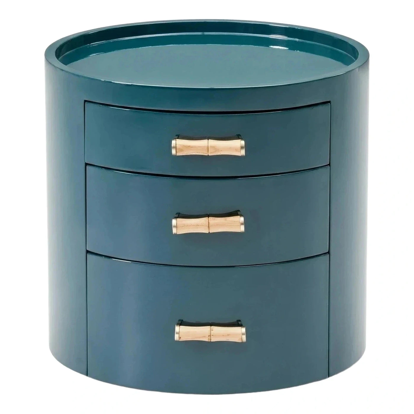 Teal Glossy Round Side Table with Bamboo Handles