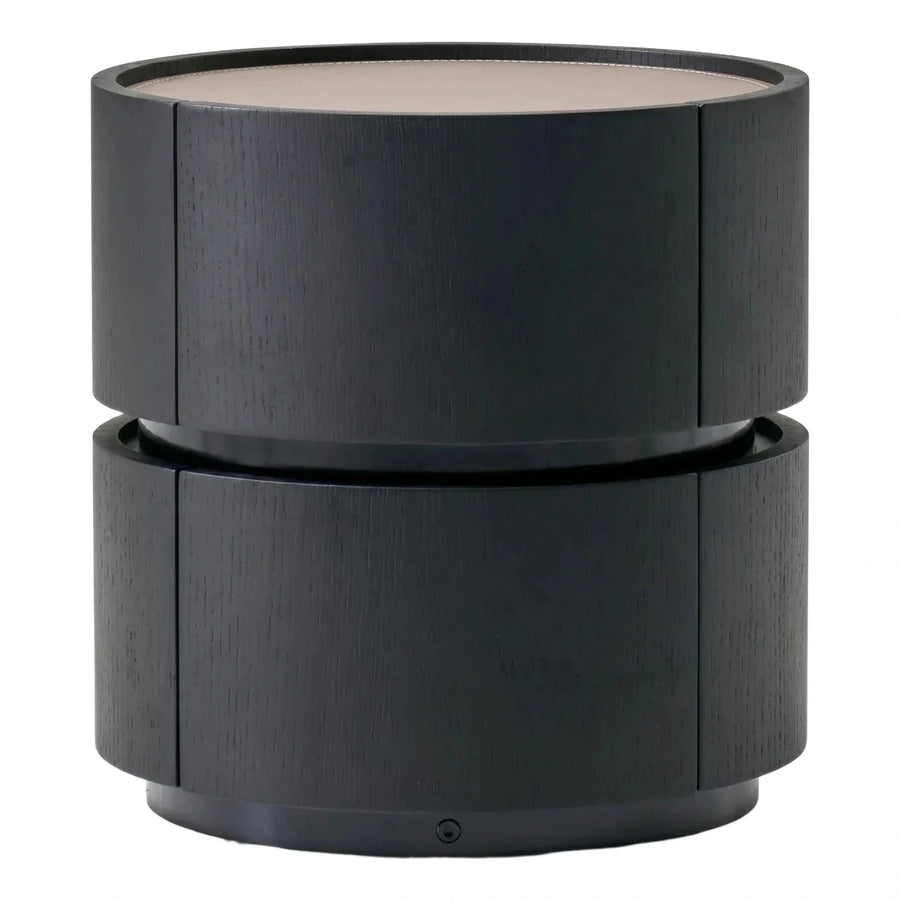 Modern Black Cylindrical Side Table with Leather Top