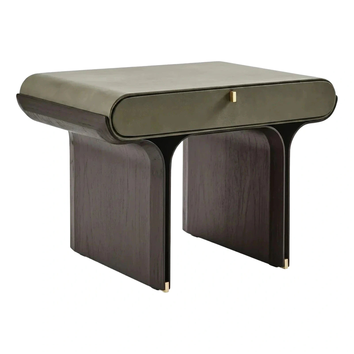 Modern Green Leather Top Side Table with Dark Wood Base