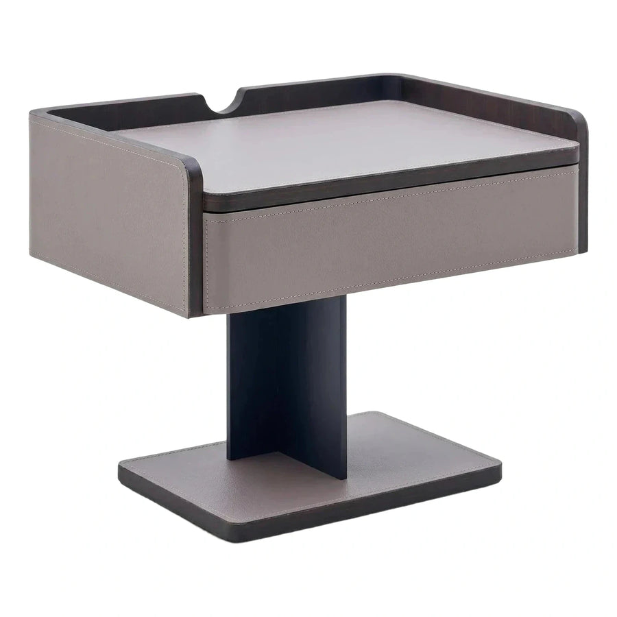 Modern Grey Leather Side Table with Dark Wood Trim