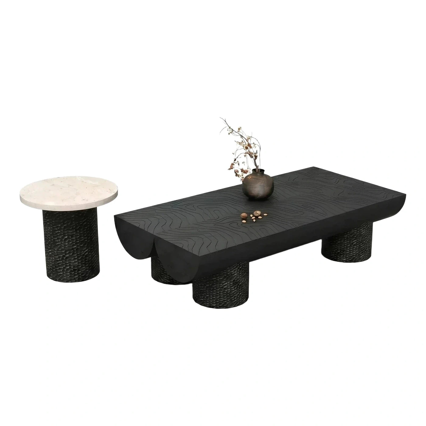 Black Carved Wood Coffee Table and Stone Side Table