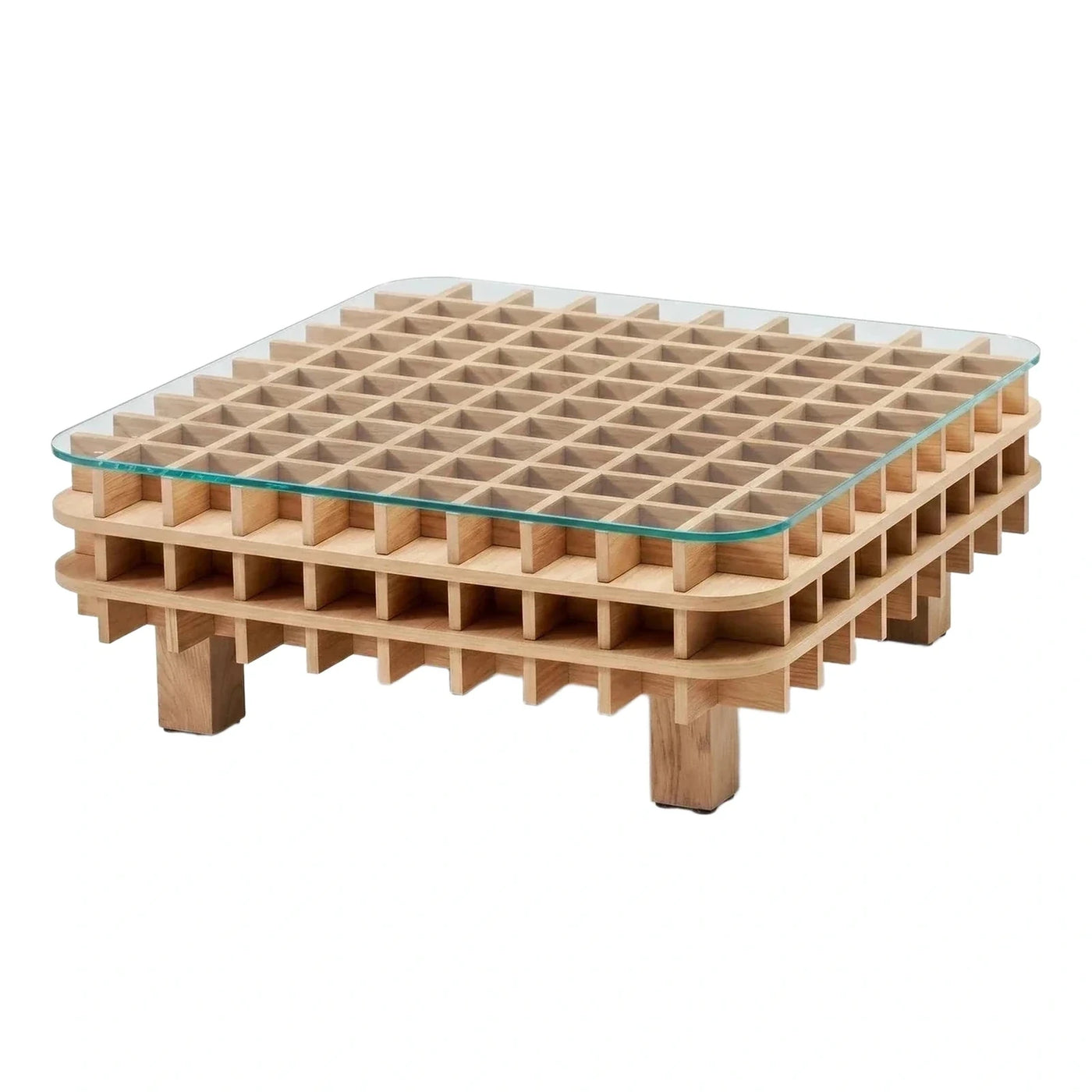 Modern Wooden Grid Coffee Table with Glass Top