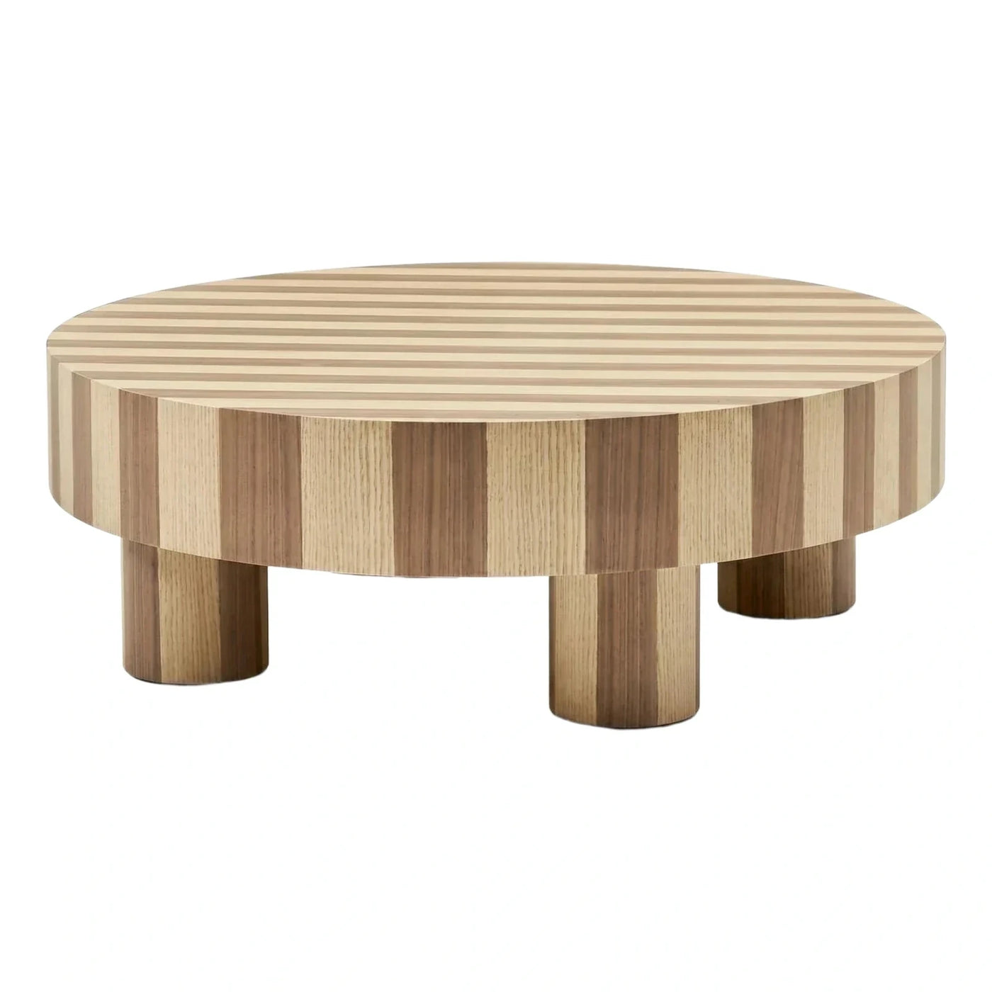Round Striped Wood Coffee Table with Cylindrical Legs