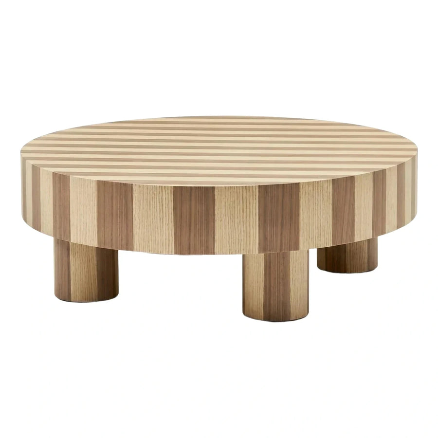 Round Striped Wood Coffee Table with Cylindrical Legs