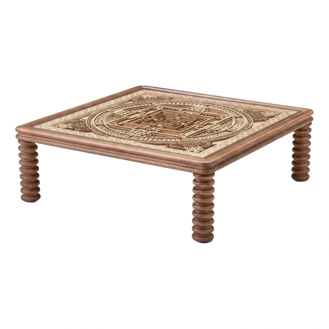 Square Carved Wood Coffee Table with Turned Legs